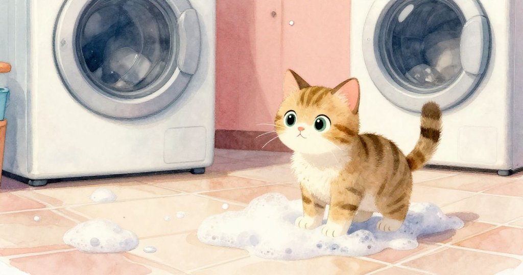 平靜全景中，Kitty靜靜站在擴散泡沫的地板前，柔和燈光下，展露出滿足與寧靜的冒險結局。