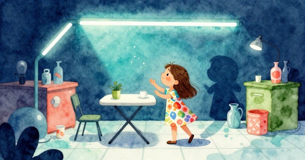 皮婭在濕潤地磚旁操作洗衣粉盒，剪影映襯著明亮霓虹燈，呈現神秘又溫馨的開始。