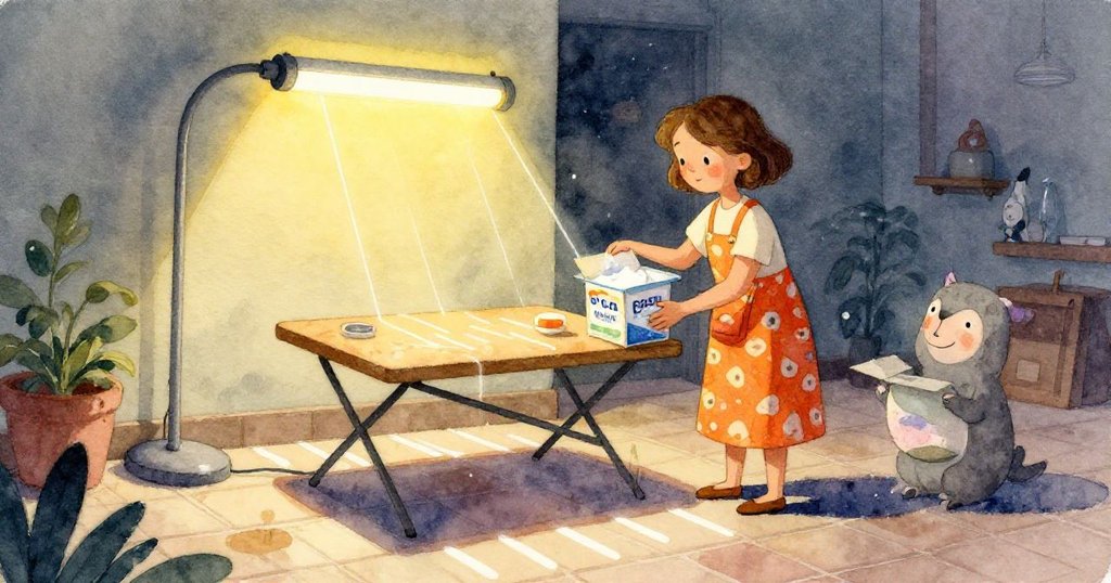 皮婭操作中的場景，左側展示洗衣粉堆積於倒扣蓋上，右側木夾引發剪刀連鎖反應，充滿家庭趣味。