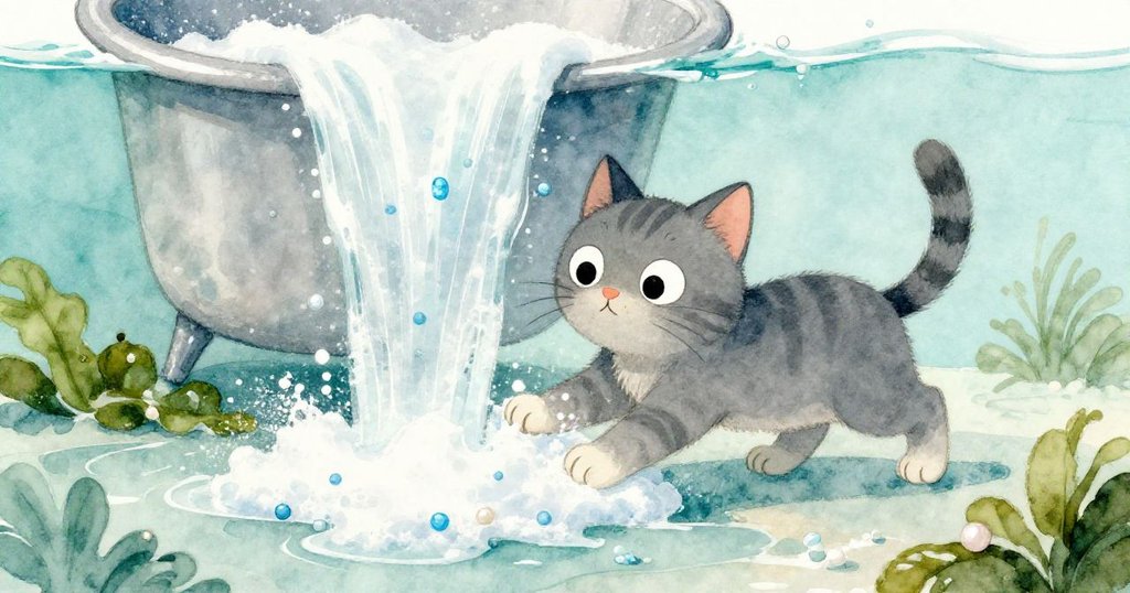 灰貓旁邊展示混合洗衣粉、鹽與藍色澱粉珠的柔雲，從低角度呈現細膩家中混亂與溫柔流動。