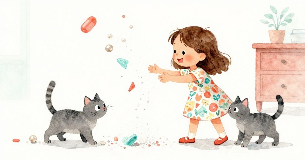 皮婭和灰貓在溫馨室內互動，微笑中共同欣賞連鎖反應帶來的靜謐快樂，畫面溫暖動人。