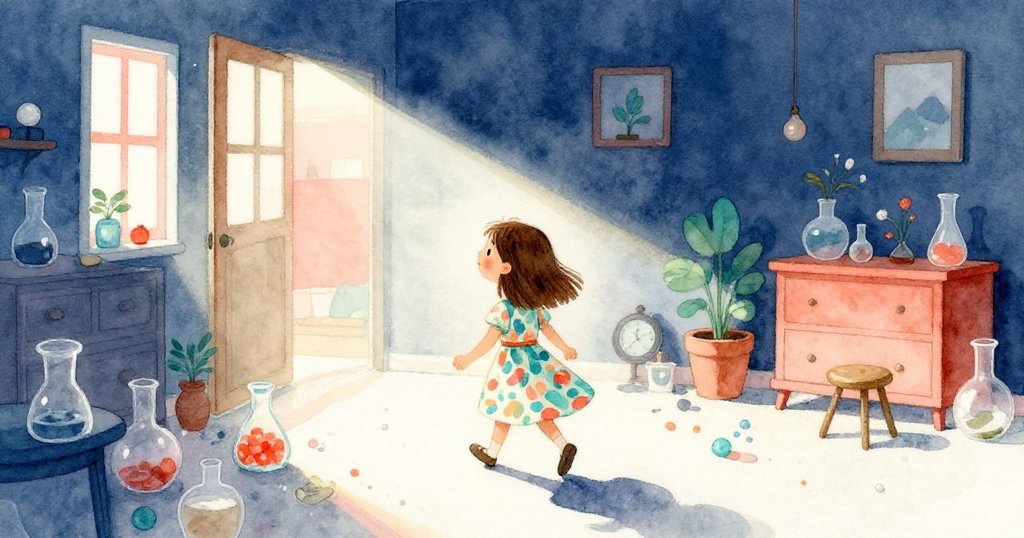 皮婭背對觀眾自信前行，眺望未來新路，溫暖晨光與家中實驗遺留痕跡交相輝映。