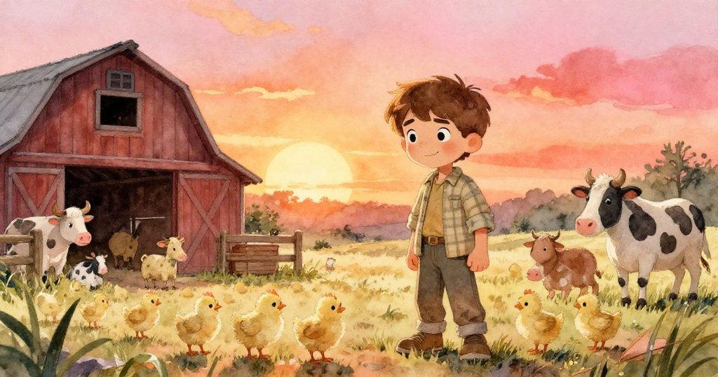 山姆在穀倉中穿過忙碌的動物,與小雞和其他動物互動,神情期待,陽光灑入帶來溫暖與活力。