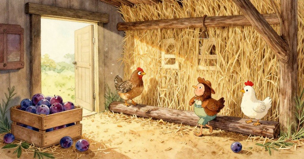 山姆專注地折疊著舊鞍毯,手中清晰呈現出細節和草粒,背景隱約可見金屬桶與擺動的鏈條。