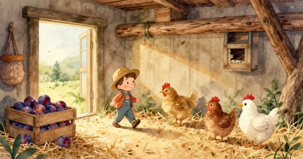 從山姆背後觀察,他全神貫注地注視著金屬桶上擺動的鏈條,穀倉內暖光與陰影交錯呈現出寧靜氣氛。