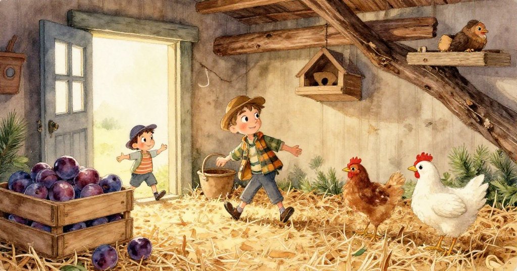 在穀倉隱蔽角落中,鞍毯輕輕碰碰著木製岩羊模型,形成微妙互動,光影中透出神秘且溫暖的氛圍。