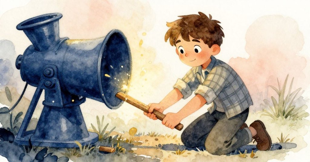 山姆急速跪在磨機旁,用木楔緊壓皮帶,全神貫注地解決噪音問題,動作迅速果斷,充滿決心。