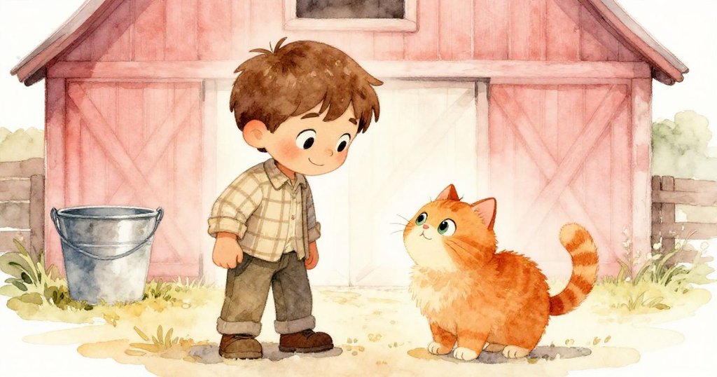 在寧靜的穀倉中,山姆與好奇的橘色小貓溫柔互換微笑,解決問題後的沉默桶旁透出希望與溫暖。