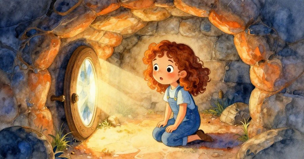 Quinn在石頭地下室中探索,膝蓋著地舉鏡捕捉陽光,光線透過半開的陷門灑下,表情充滿驚奇。