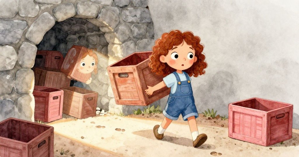 Quinn在地窖中搬移舊木箱,堅定腳步留痕,陽光透過塵埃灑下,表情專注而充滿期待。