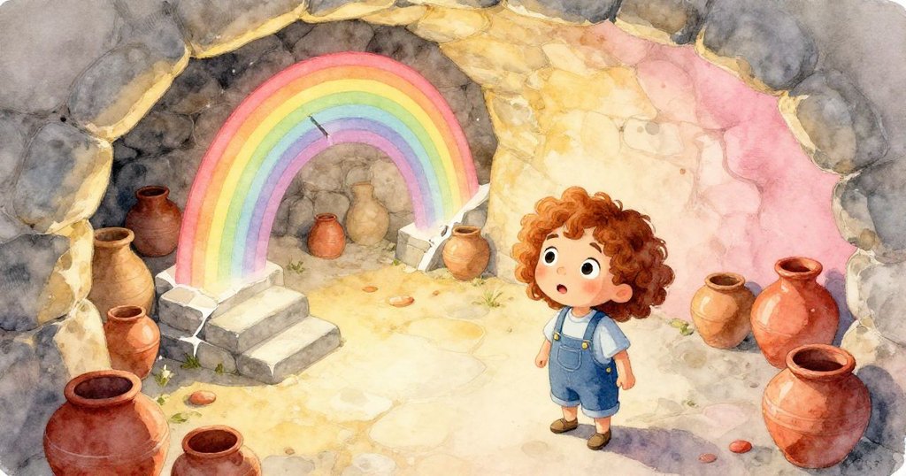 從高處俯瞰,地下室中彩虹光束劃過粘土罐與石階,微塵隨光飄舞,呈現出神奇而豐富的場景。