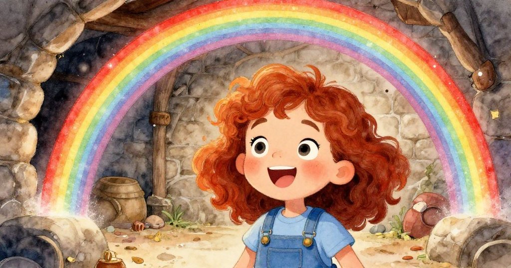 Quinn驚喜地凝望著地上出現的雙重光弧,塵埃與彩光交織,表情洋溢著快樂與驚奇。