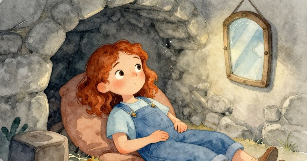 Quinn靜靜地坐在舊木箱旁,低下手中的鏡子,微塵在餘暉中緩緩漂舞,臉上露出平和與滿足的神情。