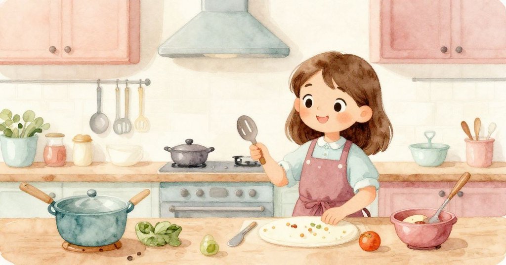 Hazel在溫馨廚房中與活潑廚具互動，注視著金屬托盤上節奏點擊的糖漿，充滿期待與喜悅。