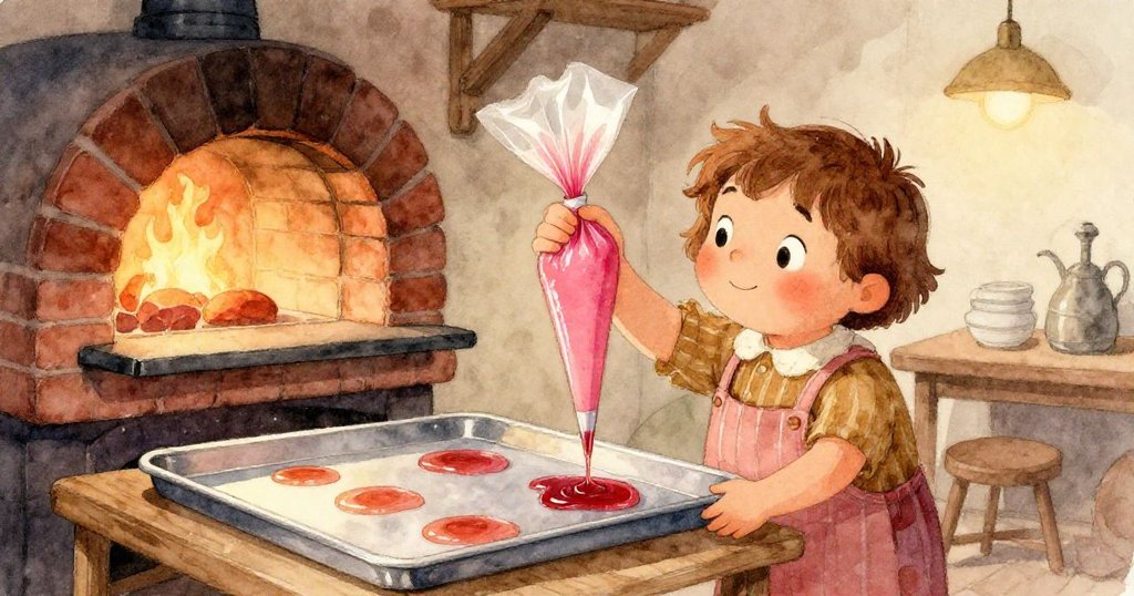 Hazel好奇注視傾斜托盤上紫粉糖霜流動分支，動態視角展現流暢美感，充滿探索與驚奇。