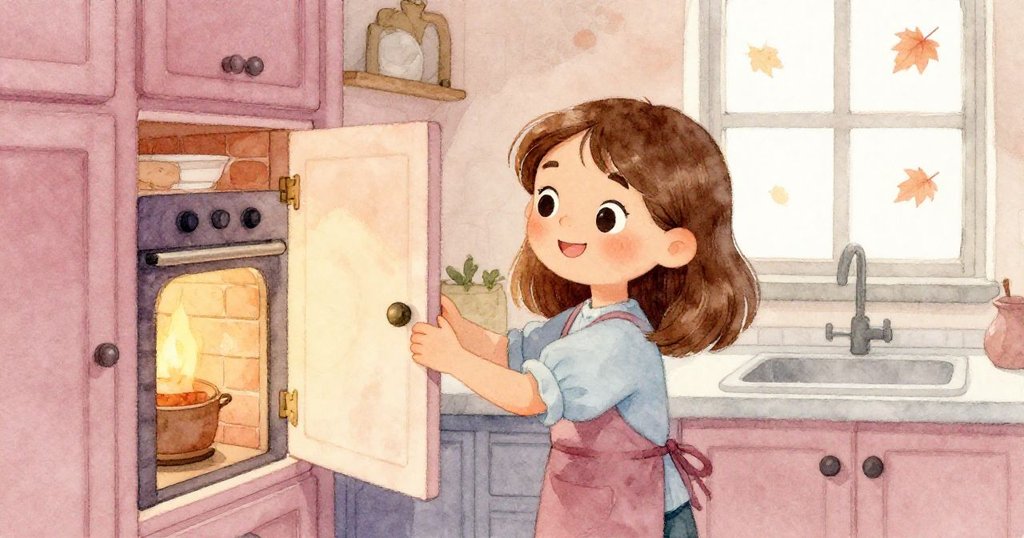 Hazel打開食品儲藏室門，暖爐光照映下窗外秋意濃，樹葉飄落展現季節更迭，神情專注。