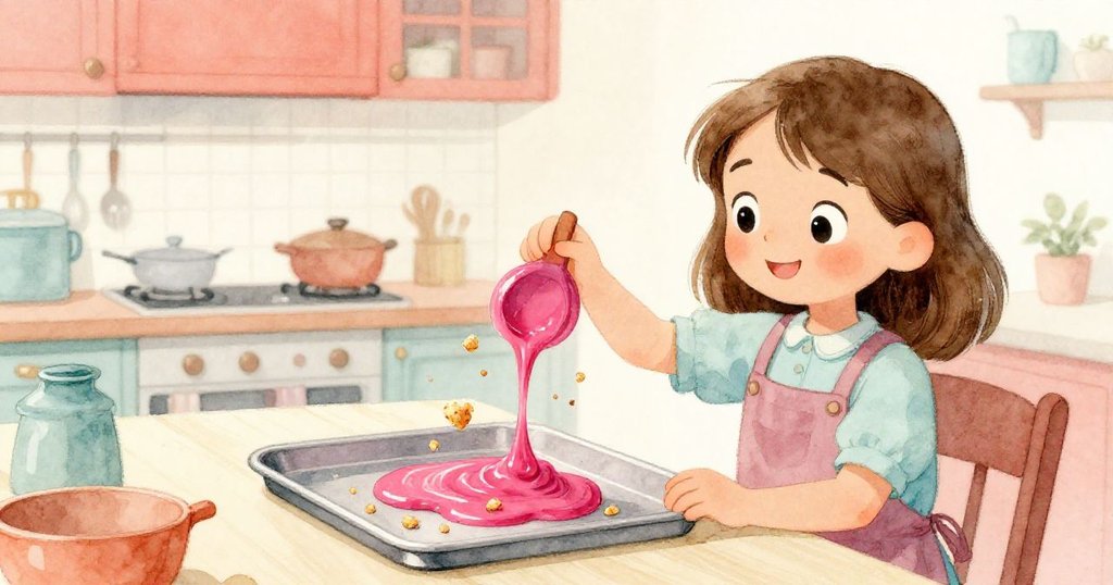 Hazel專注觀察托盤上糖霜與碎屑緊張碰撞，臉上展現期待與細緻焦慮，氣氛充滿懸念。