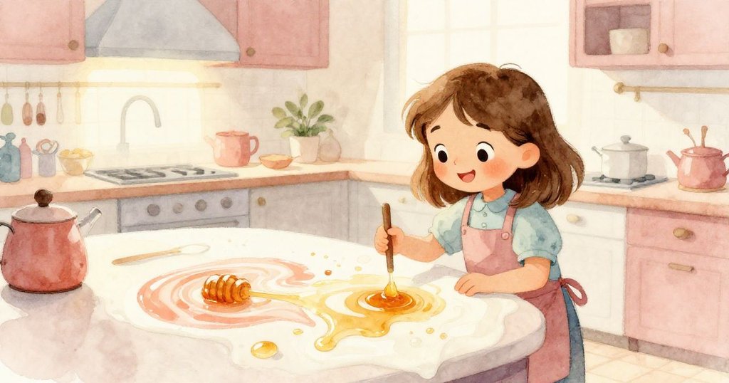 Hazel滿意凝望轉變成藝術畫布的廚房檯面，糖霜、蜂蜜與牛奶交織出創意甜蜜的終章，洋溢快樂。