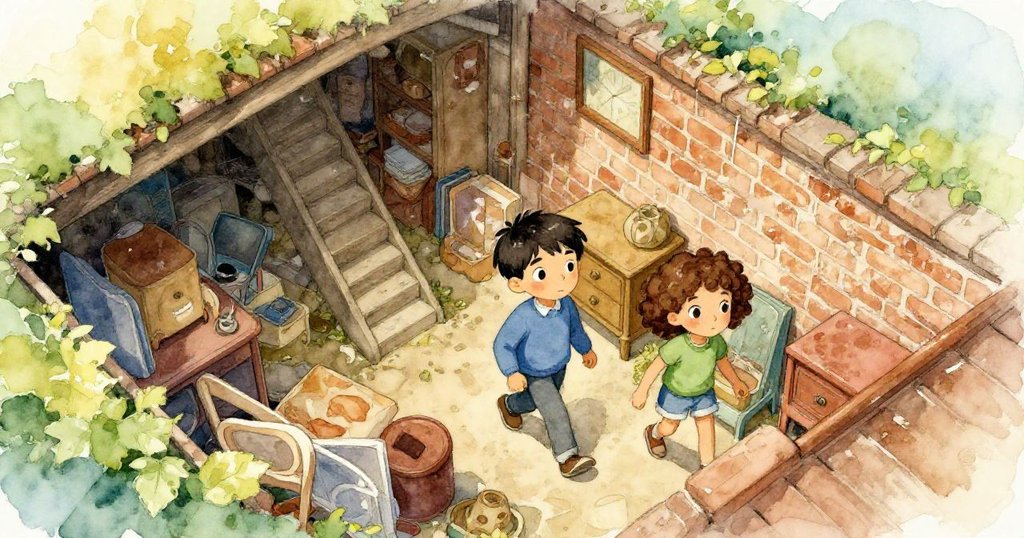 Erik與Gwen出現在地下室階梯上,從上方俯瞰雜亂家具與磚牆,表情既小心又堅定,故事剛起始。