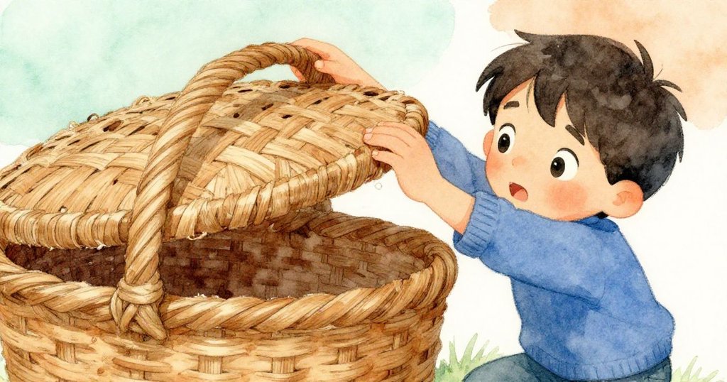 Erik正專注提升籃子蓋,細膩描繪老舊木紋與弦纖裂痕,光影溫暖呈現故事發展。