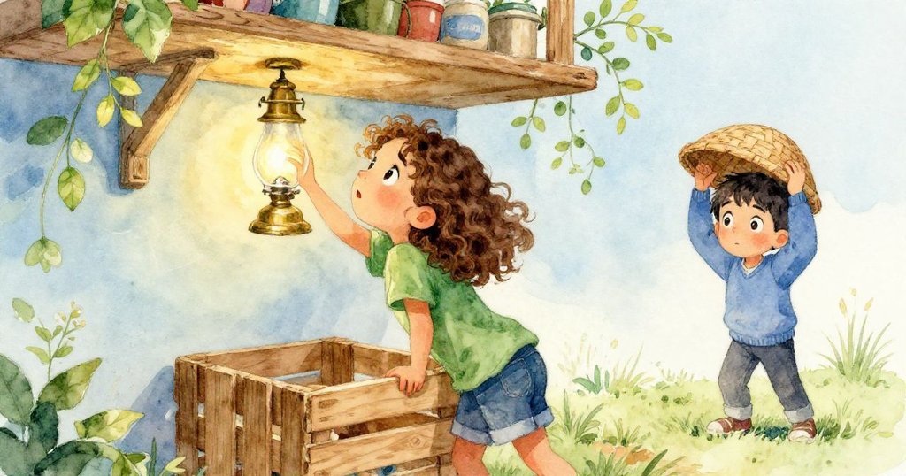 Gwen從身後攀爬木箱企圖夠到上方銅燈,Erik在背景穩固籃子蓋,兩人神情專注,全情投入。