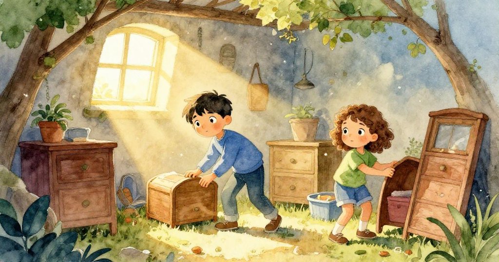 晨光從小窗灑進地下室,浮塵在空中飛舞,Erik與Gwen小心調整位置,溫暖光影中故事展現轉折。