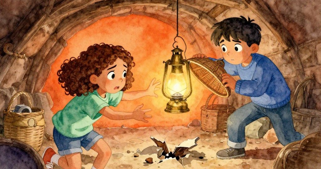 Gwen緊伸手觸碰閃亮銅燈,籃子蓋邊裂開,Erik緊握蓋邊,動作急促,場面緊張而激動。