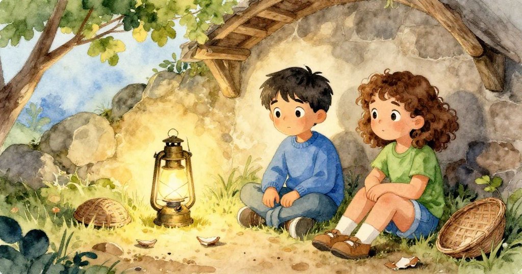 Erik與Gwen放鬆坐在穩固的擺設旁,銅燈柔光映照破碎籃子蓋,臉上露出平靜與釋然之情,故事歸於安定。