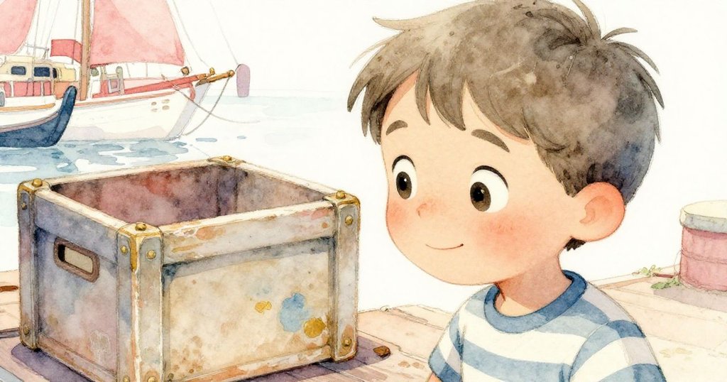 Finn蹲在舊木箱旁，專注傾聽銅盤共鳴，眼神專注流露好奇與堅定，背景隱約見碼頭細節。