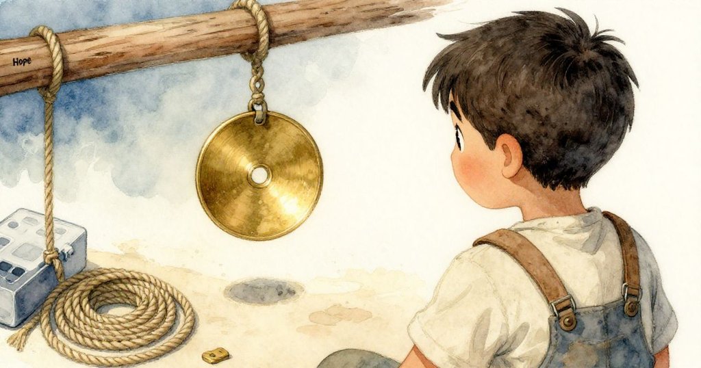 從Hope背後視角看見木梁上懸掛的銅盤、纏繞的繩索與掉落的泡沫包裝，細節豐富表現碼頭風情。