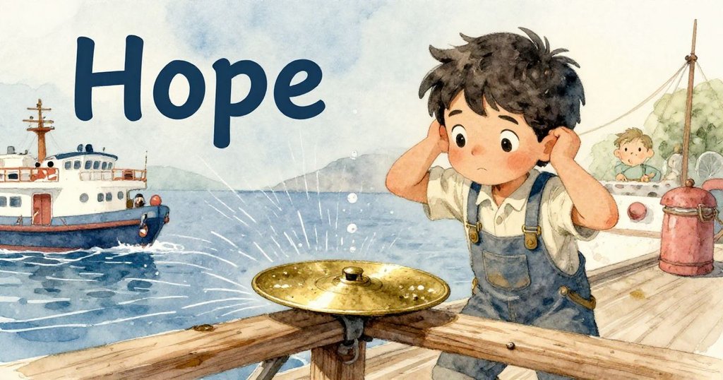 Hope急忙遮耳穩住銅盤，碼頭上滴水與粉筆線漸變模糊，明亮午後交織出動感與細膩港灣風情。