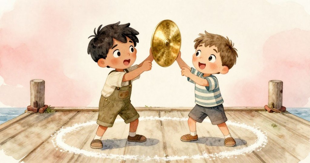 Hope與Finn肩並肩站在粉筆圈內交替敲擊銅盤，臉上滿是興奮與專注，碼頭細節生動呈現合作情誼。