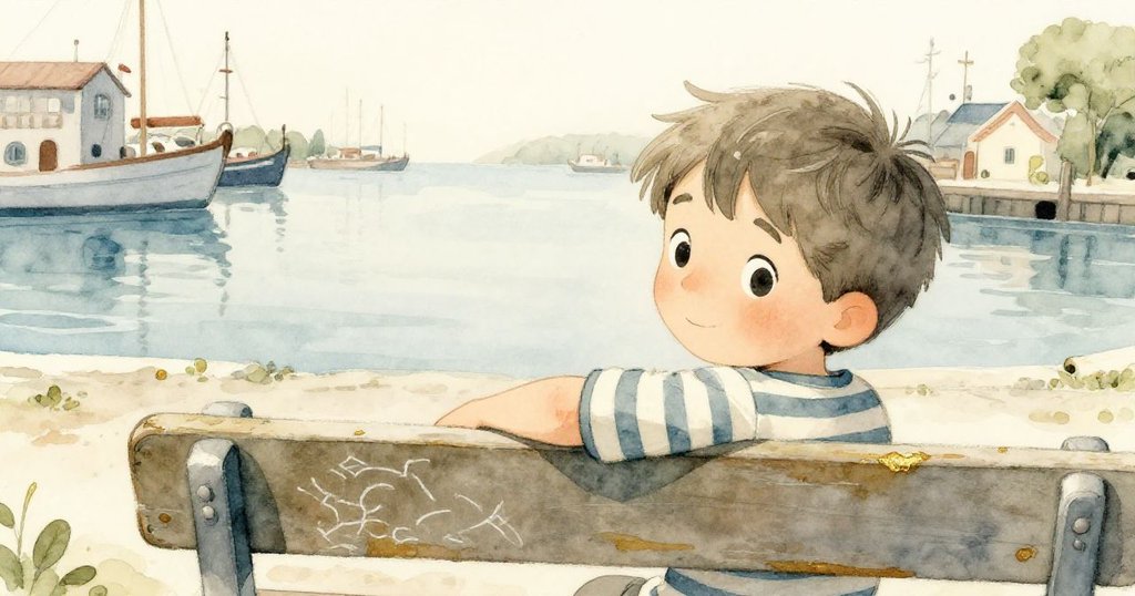 Finn安坐碼頭長椅上，眼神溫柔眺望寧靜港灣，粉筆痕跡與水滴低語著今日冒險的溫馨回憶。