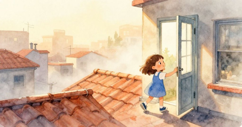 Nora 推開屋頂門，踏入柔和晨霧與早曦的屋頂，眼中流露期待，場景展現都市溫暖光線與細緻背景