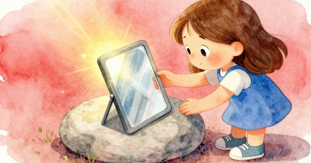 Nora 小心翼翼地將鏡片放於光滑石板上，陽光捕捉鏡面反射，細節豐富呈現溫暖晨光與微塵閃爍