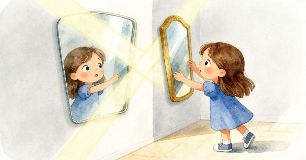 Nora 歪斜擺放鏡片捕捉陽光，形成十字光芒映照白牆，她滿懷驚喜地觀察這奇妙光影遊戲