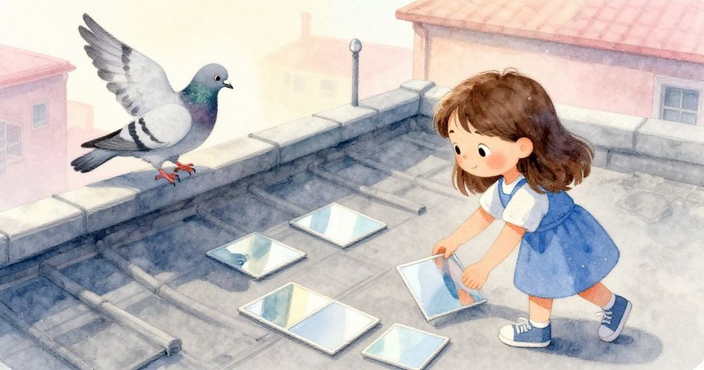 Nora 擺放鏡片時，一隻鴿子優雅降落於欄杆，羽毛上閃耀柔和亮光，屋頂景致從上方展現出都市詩意