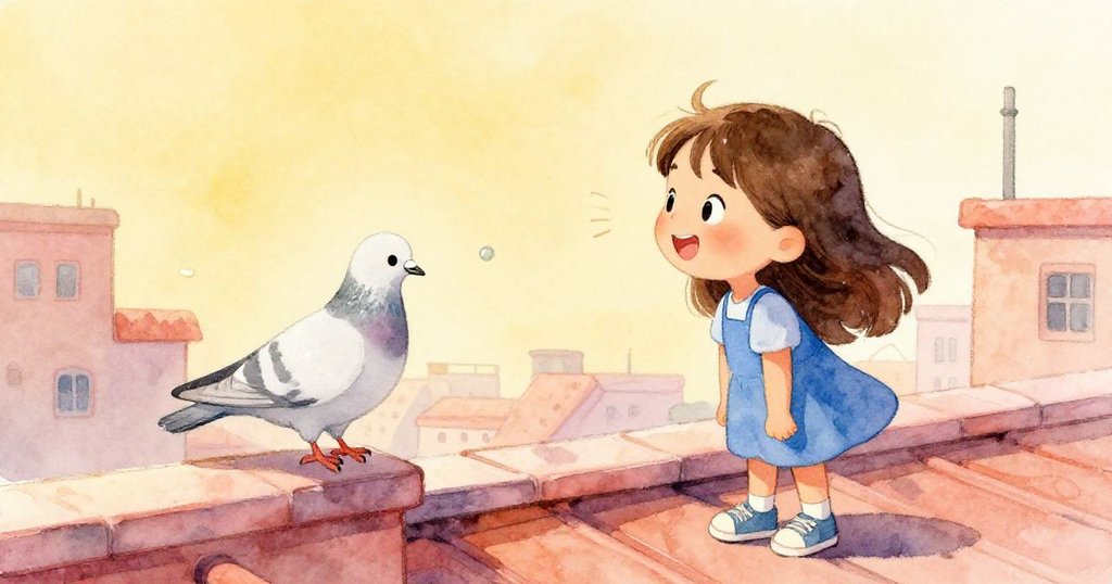 Nora 與鴿子互相凝望，臉上滿是欣喜，陽光和鏡光交織成魔幻對話，屋頂景致溫馨動人