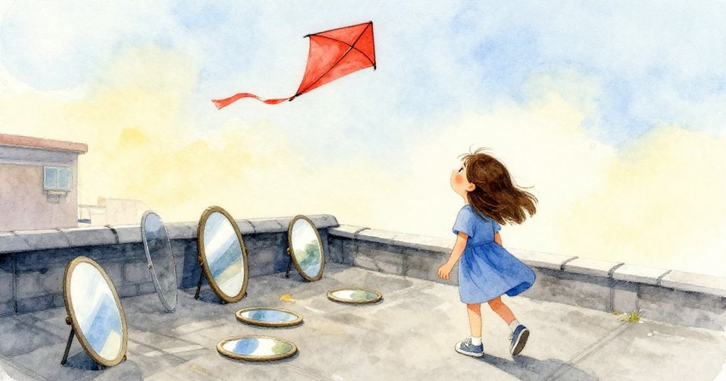 Nora 退後欣賞散落鏡片與空中飄揚的紅風箏布，臉上帶著沉思神情，呈現光影交錯後的平靜收尾