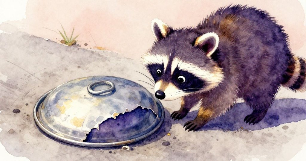 小浣熊凑近破舊鐵蓋,細看凹凸不平與塵埃痕跡,表情充滿細膩與好奇。