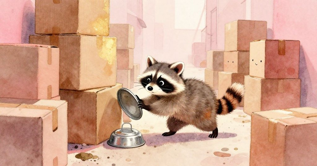 小浣熊從背後觀察推動鐵蓋,走過堆疊紙箱與塵跡斑斑的走廊,充滿堅持與探索。
