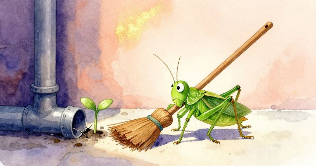 小蟋蟀在老舊掃帚上忙碌,旁邊水滴處冒出嫩芽,展示城市中蘊藏的生命力與季節氣息。