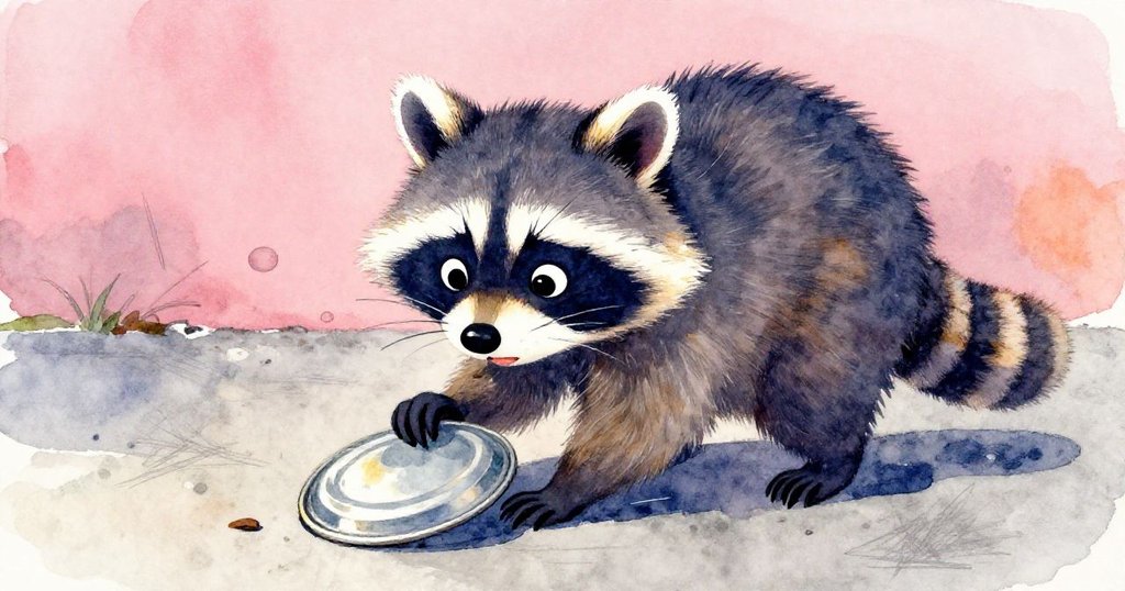 小浣熊奮力推動頑固的鐵蓋,爪痕深刻留在塵埃地面,臉上流露堅毅與挫折感。