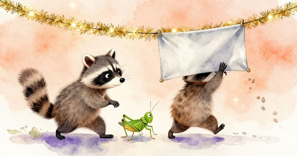 小浣熊逐漸退後,小蟋蟀在下垂銀條上爬升,留下爪痕與微小足跡,畫面充滿溫馨道別。