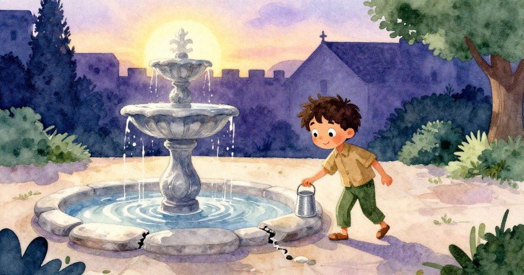 布拉姆清晨踏入古老庭院噴泉旁，展現決心與溫柔，周邊環境靜謐且充滿希望