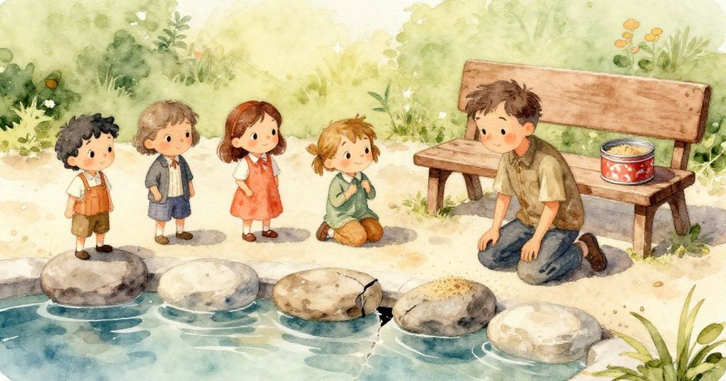 布拉姆專注雙手輕倒沙子進石縫中，顯示細緻與堅持，沙粒與古石細膩互動