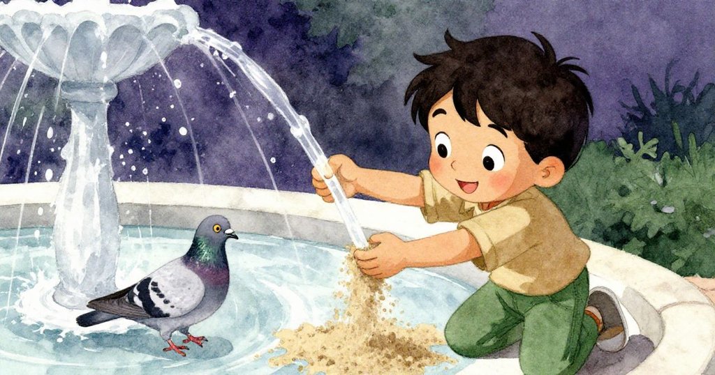 從斑點鴿視角看見布拉姆認真倒沙，水柱激起沙粒飛舞，場景充滿活力與好奇