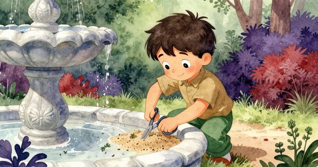 布拉姆在庭院中嘗試用剪刀壓沙修補石縫，撒落百里香種子與露濕沙粒展露季節魅力