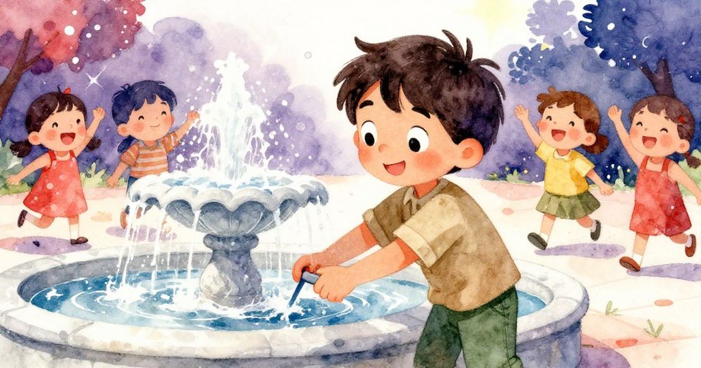 布拉姆專注工作，背景孩子們歡笑嬉戲於噴泉水霧中，展現社群喜悅與暖心互動