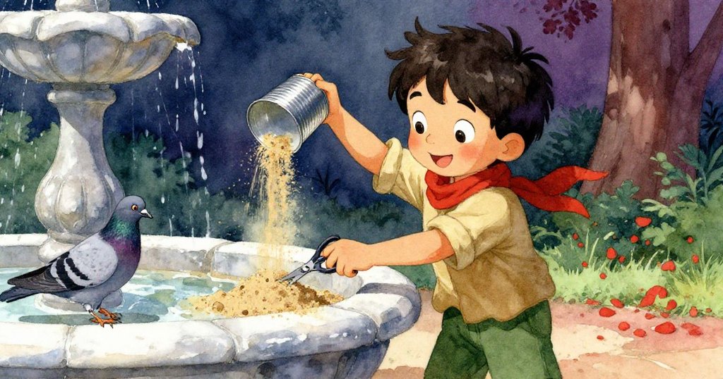 布拉姆在瞬間翻轉沙罐，沙粒四濺覆蓋圍巾，用剪刀壓實堵塞，旁邊斑點鴿關切觀望，情緒激昂高潮